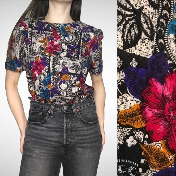 Vintage Short Sleeve Blouse‎ Floral Print Shirt Top Norton McNaughton - Picture 1 of 11